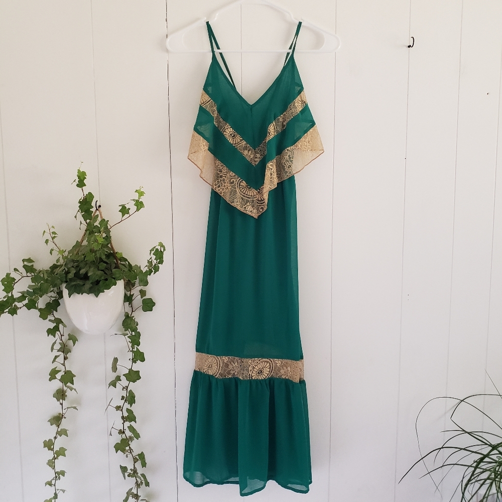 Flying Tomato Teal Maxi Dress with Gold Lace Trim